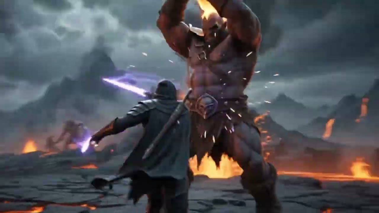 An Alderun hero with a glowing blade facing a giant brute on a lava-cracked battlefield