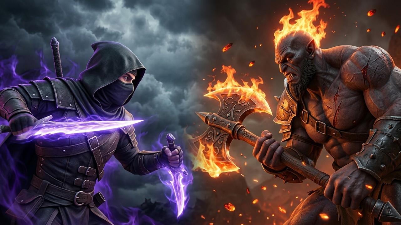 A hooded rogue with glowing violet blades facing an axe-wielding ogre on a burning battlefield