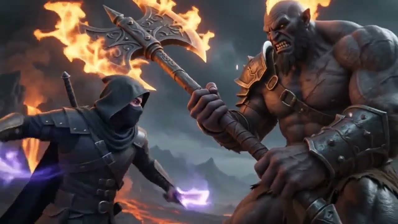 A hooded rogue with glowing violet blades facing an axe-wielding ogre on a burning battlefield